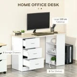 HOMCOM Computer Desk with 3-Tier Storage Shelves, 47 Inches Home Office Desk with Drawers, Study Writing Table, White